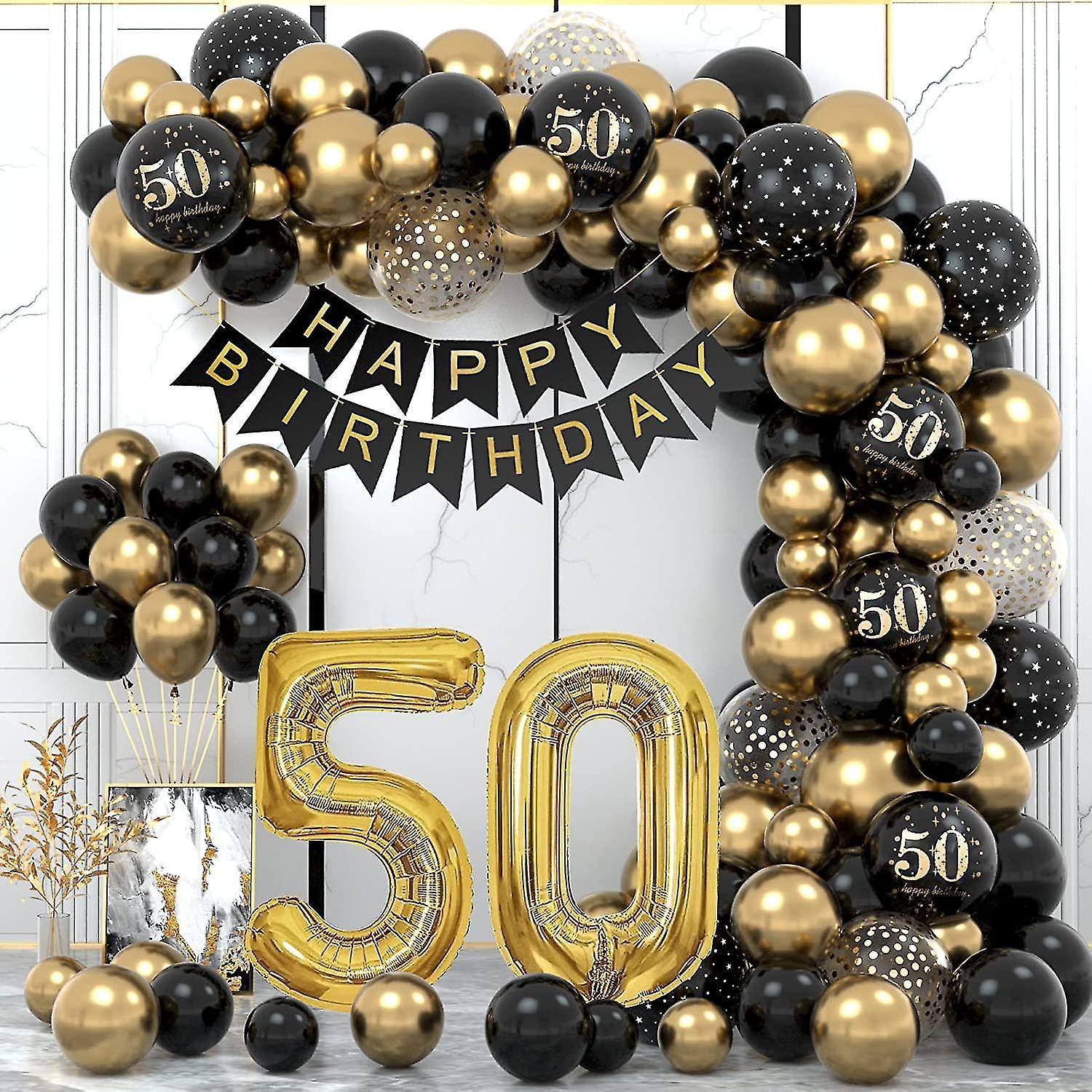 Tianzun 50th Birthday Decoration, 50th Birthday Man Women, 50th Birthday Decoration, Happy Birthday Garland Balloon Black Gold Decoration