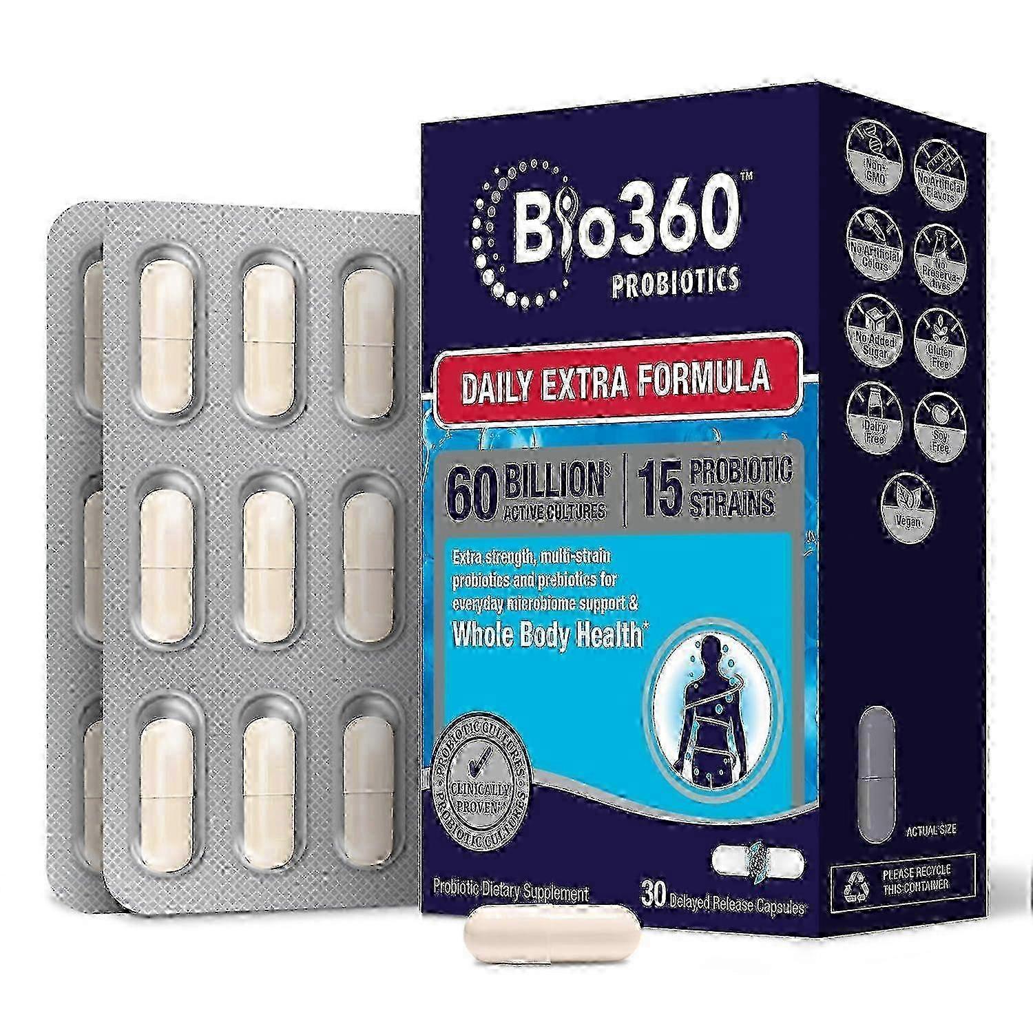 Bio360 Probiotics Daily Extra Formula, Vegan Probiotics For Extra Support, Capsules, 30 Ea