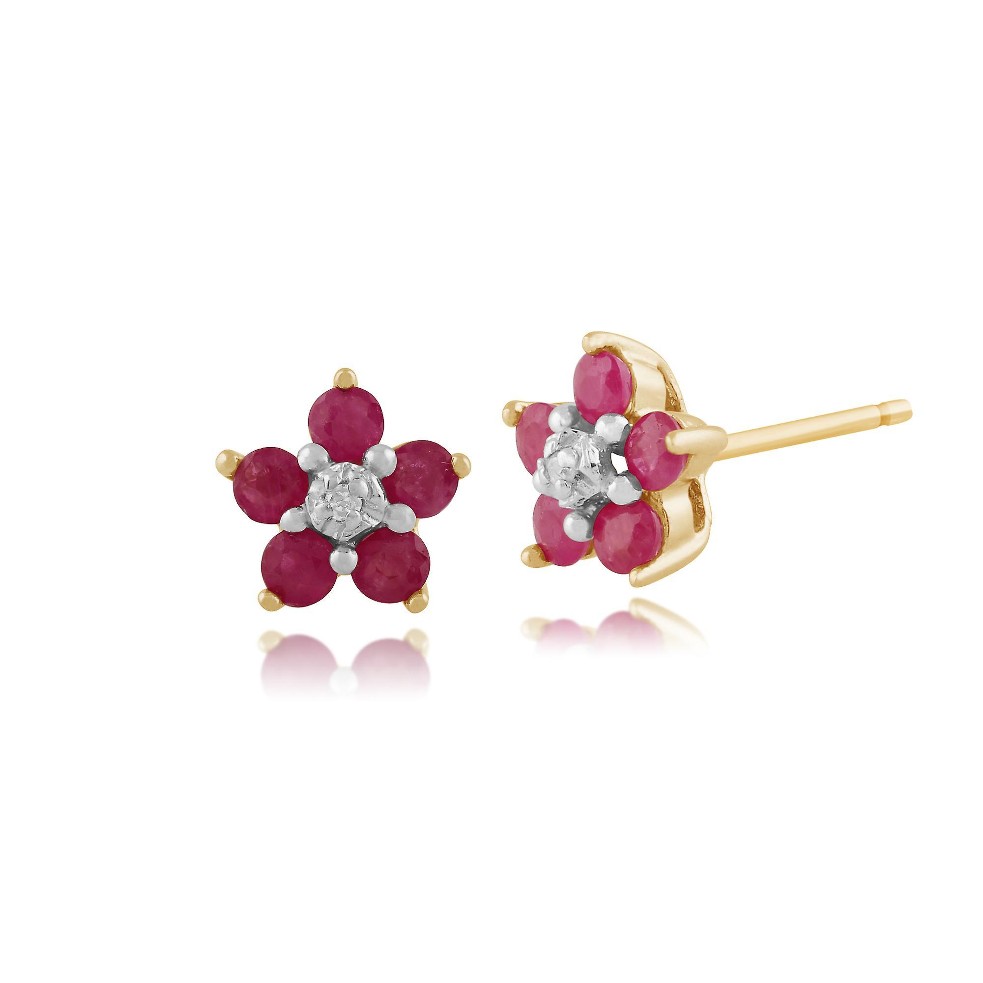 Gemondo 9ct Yellow Gold Floral Round Ruby & Diamond Cluster Stud Earrings 10116 Red One Size