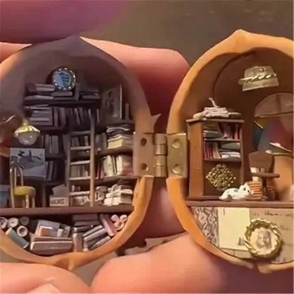 Rhafayre Handmade Walnut Shell Dollhouse - Mini Library, Small World in Walnut Crafts Gifts D