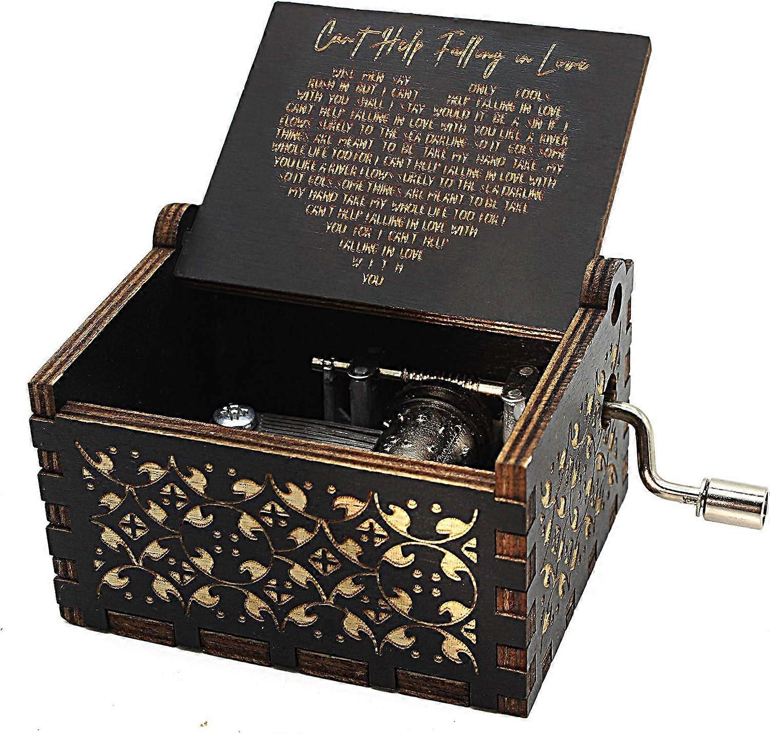 Heyone Can't Help Falling in Love Wood Music Box, Antique Engraved Musical Boxes Case for Love One Wooden Music Box - Gifts for Lover (BLACK)