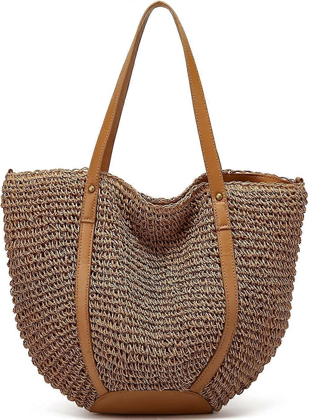 Morakot Straw Bags for Women Summer Beach Woven Tote Hobo Handbag Casual Straw Shoulder Bags for Travel Vocation B-khaki