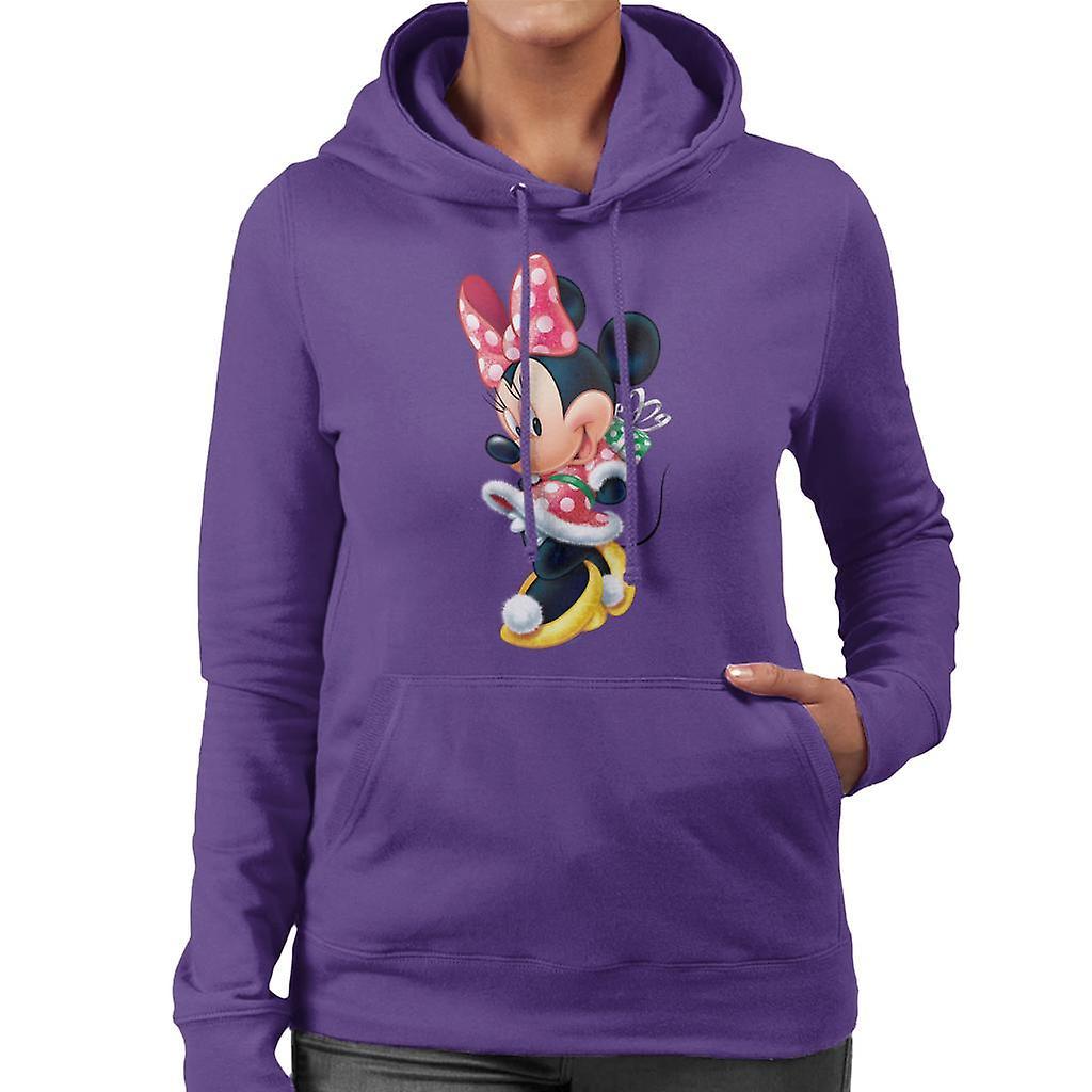 Disney Christmas Minnie Mouse Hiding Present Women's Hooded Sweatshirt Purple Large