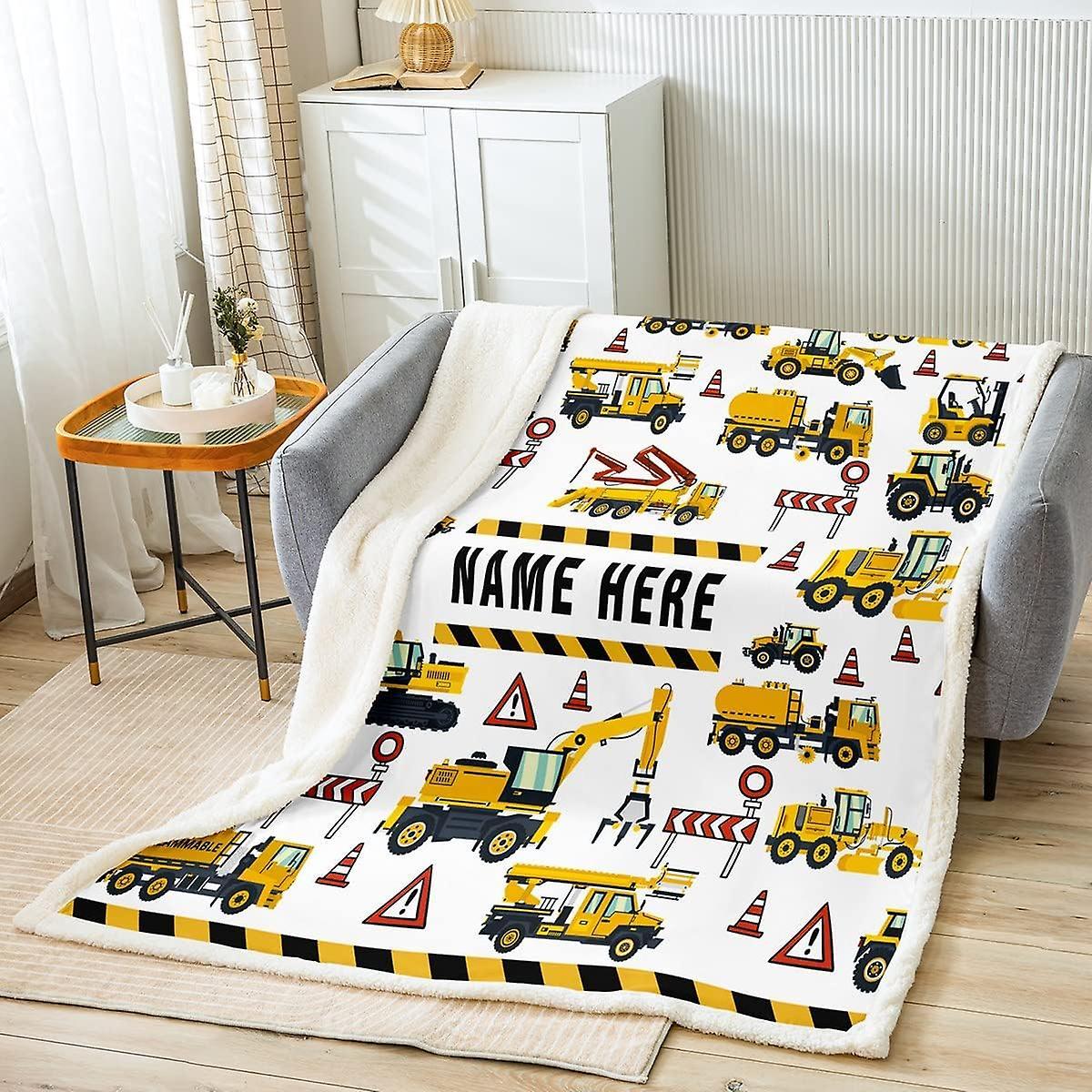 Kerota Construction Throw Blanket Kids Custom Name Equipment Trucks Excavators Sherpa Blanket for Bed Personalized Machinery Cars Tractors Fleece B...