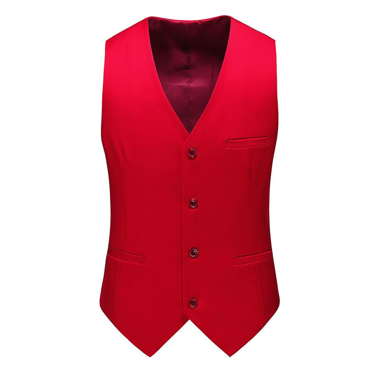 Allthemen Mens V-Neck Suit Vest Solid Color Wedding Business Vest Waistcoat Red M