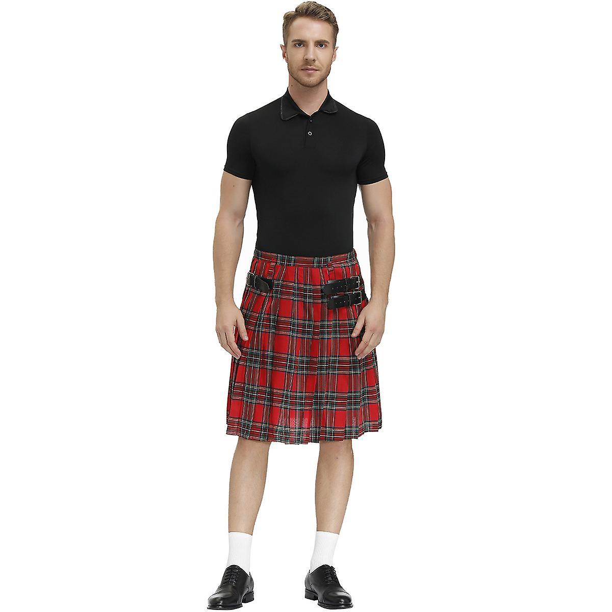 Ssyd Men's Plaid Pleated Skirt Scottish Holiday Kilt Costume Traditional Costume Stage Performance Skirt Red L