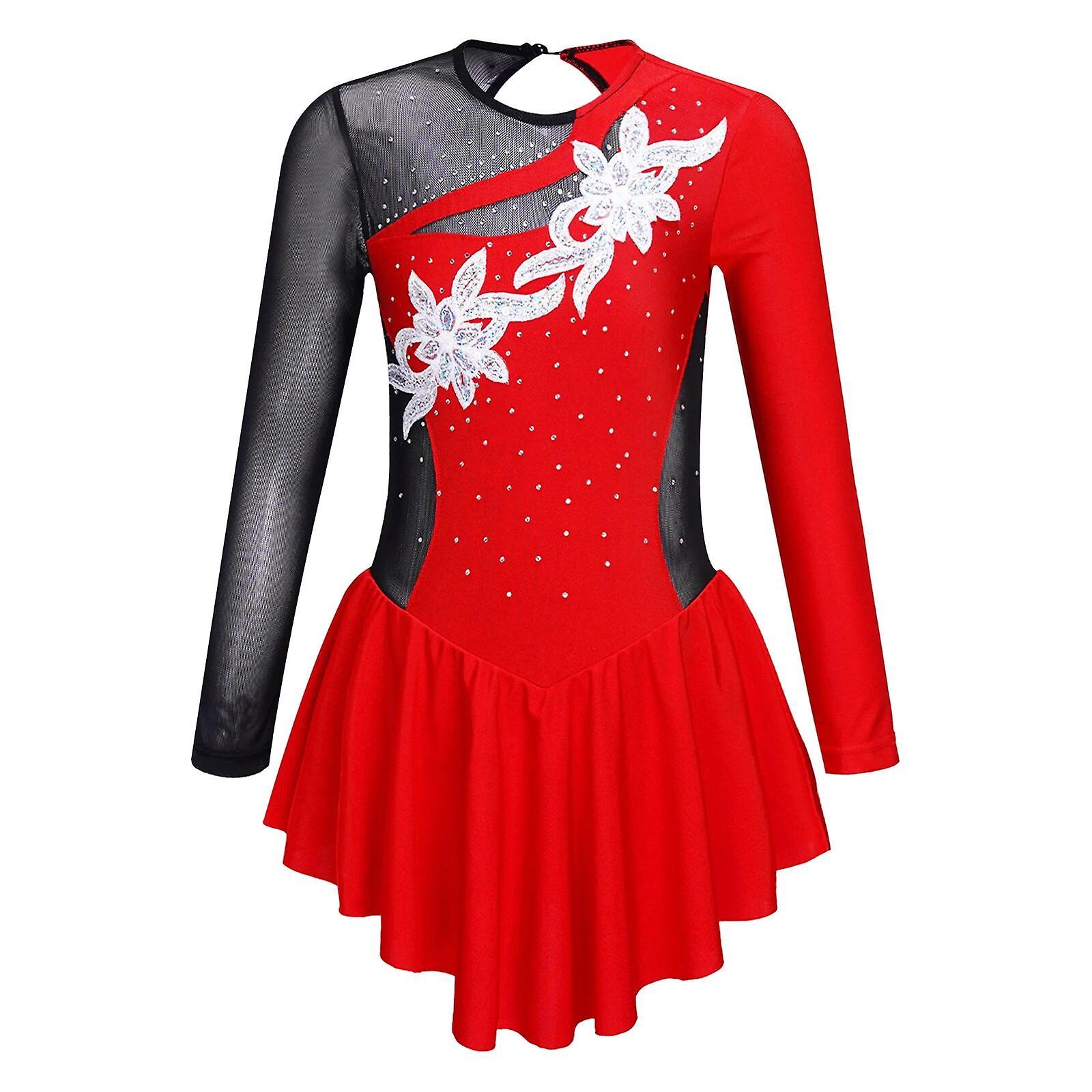 Aionyaaa Kids Girls Ballet Dress Long Sleeve Gymnastics Leotards Shiny Rhinestone Figure Skating Dress Children Dance Costume Dancewear 12 Red