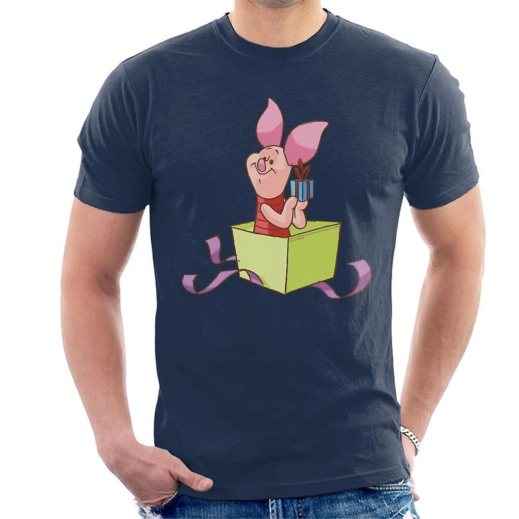 Disney Christmas Piglet In Gift Box Design Men's T-Shirt Navy Blue Medium