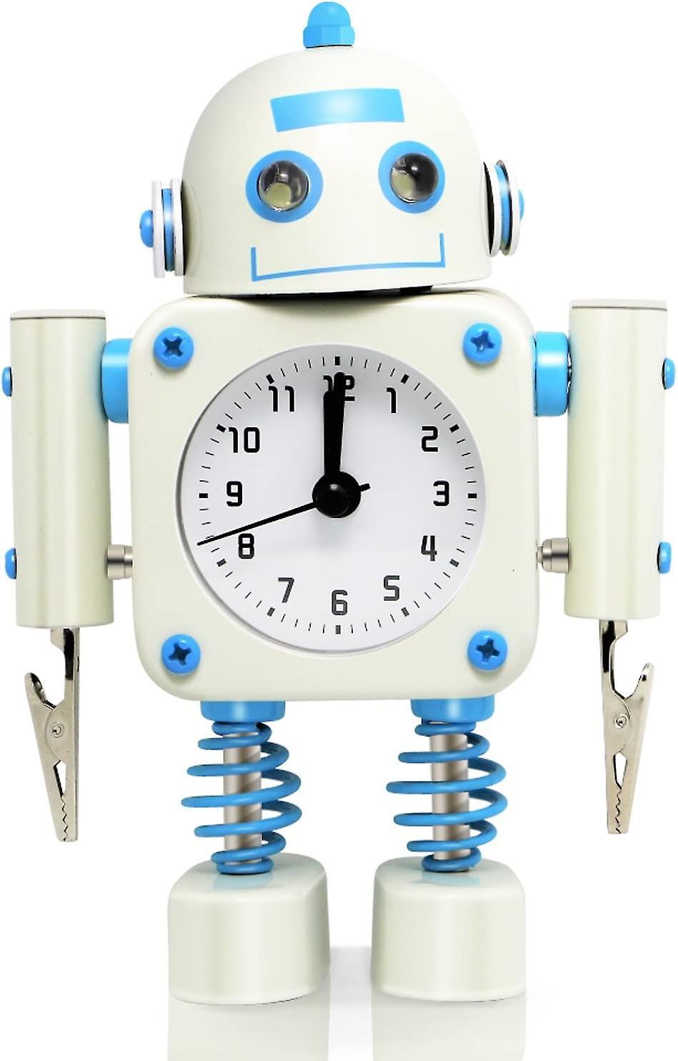 Heytea Non-Ticking Robot Alarm Clock Stainless Metal - Wake-up Clock with Flashing Eye Lights and Hand Clip (White) 4.5 x 2 x 6.5 inches