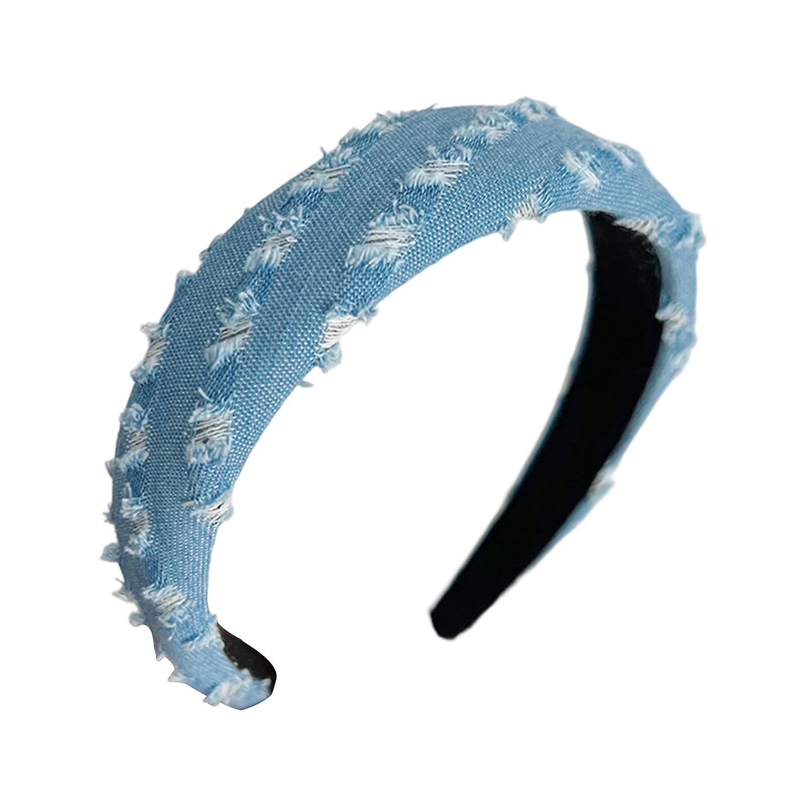 Tuelaly Women Headband Vintage Wide Band Elastic Ripped Denim Clothing Matching Decorative Women Hair Hoop Hair Accessories Light Blue