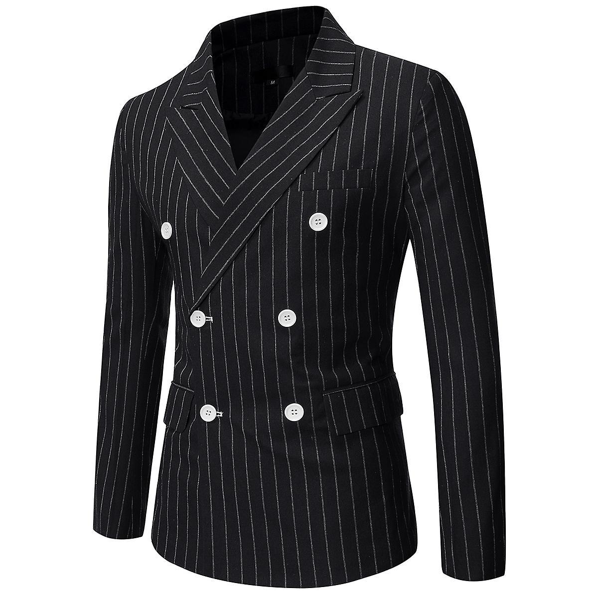 Allthemen Mens Casual Lapel Striped Double-breasted Suit Jacket Black M