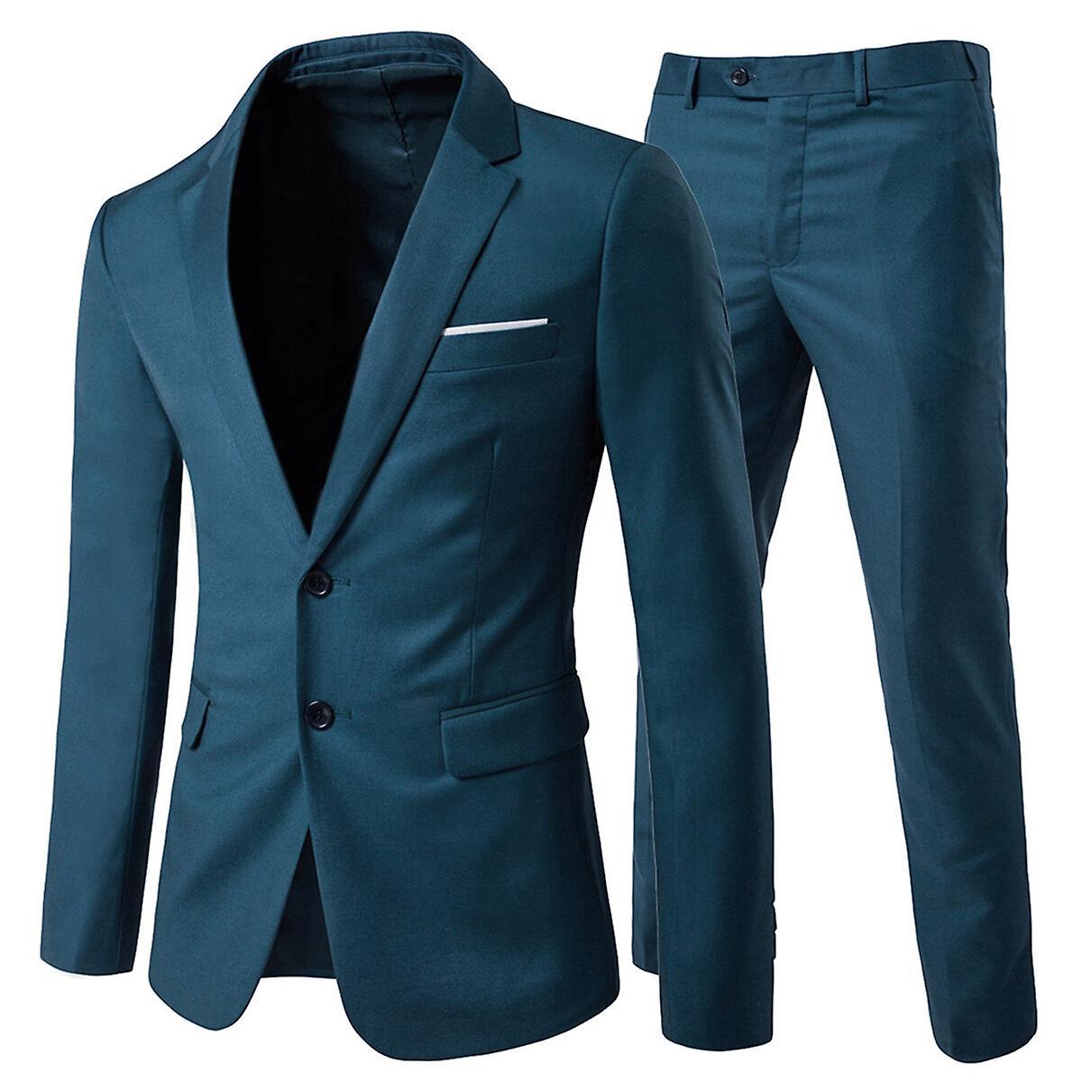 Allthemen Men's 2-Piece Suit, Two Button Slim Fit Business Wedding Blazer and Pants Sea Blue