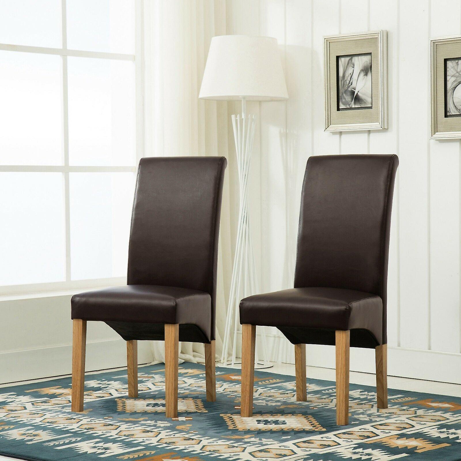 mcc direct Set of 2 Faux Leather Dining Chairs Roll Top Scroll High Back BROWN