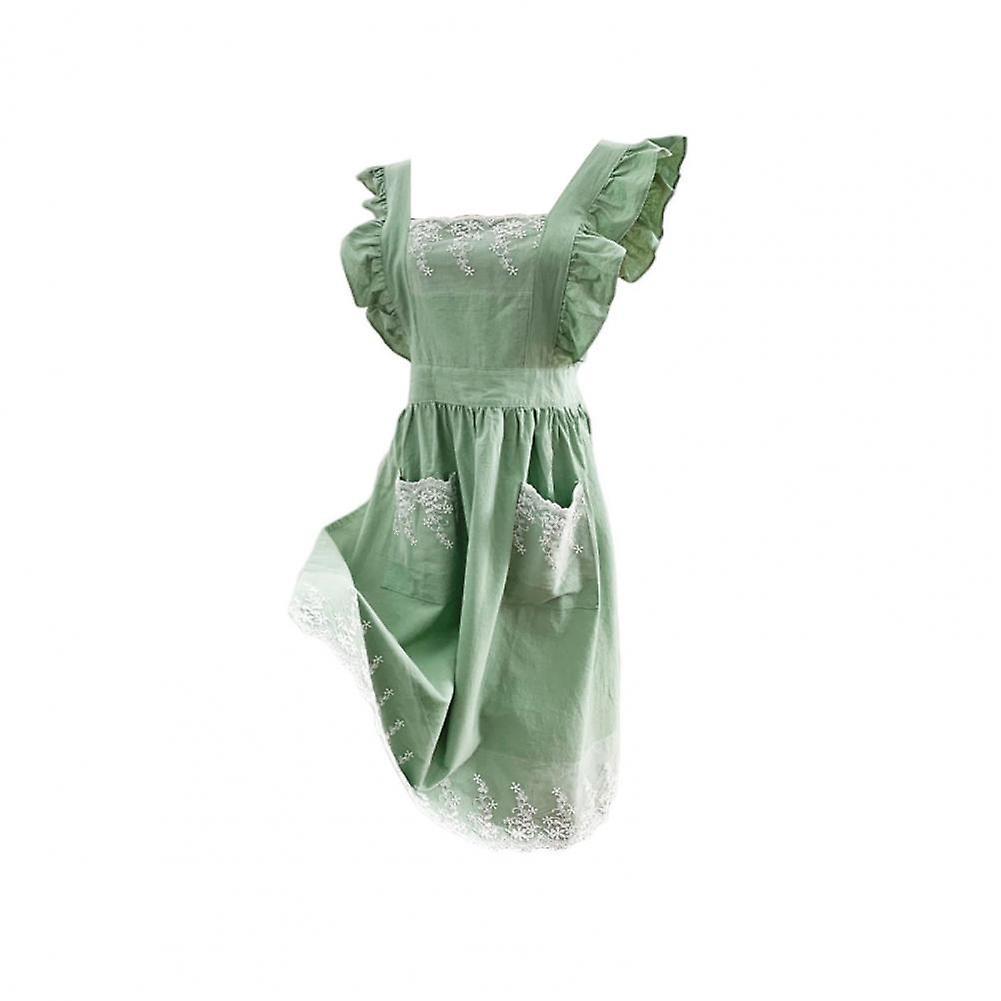 Bhtv Kitchen Apron Pure Cotton Ruffles Design Cooking Apron Sleeveless Adjustable Strap Garden Apron Double Pockets Baking Apron Green