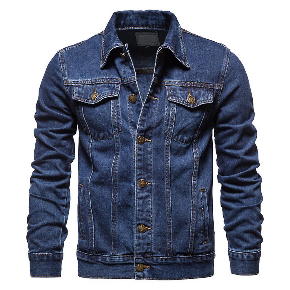 Sliktaa Mens Classic Lapel Button Denim Jacket Dark Blue L