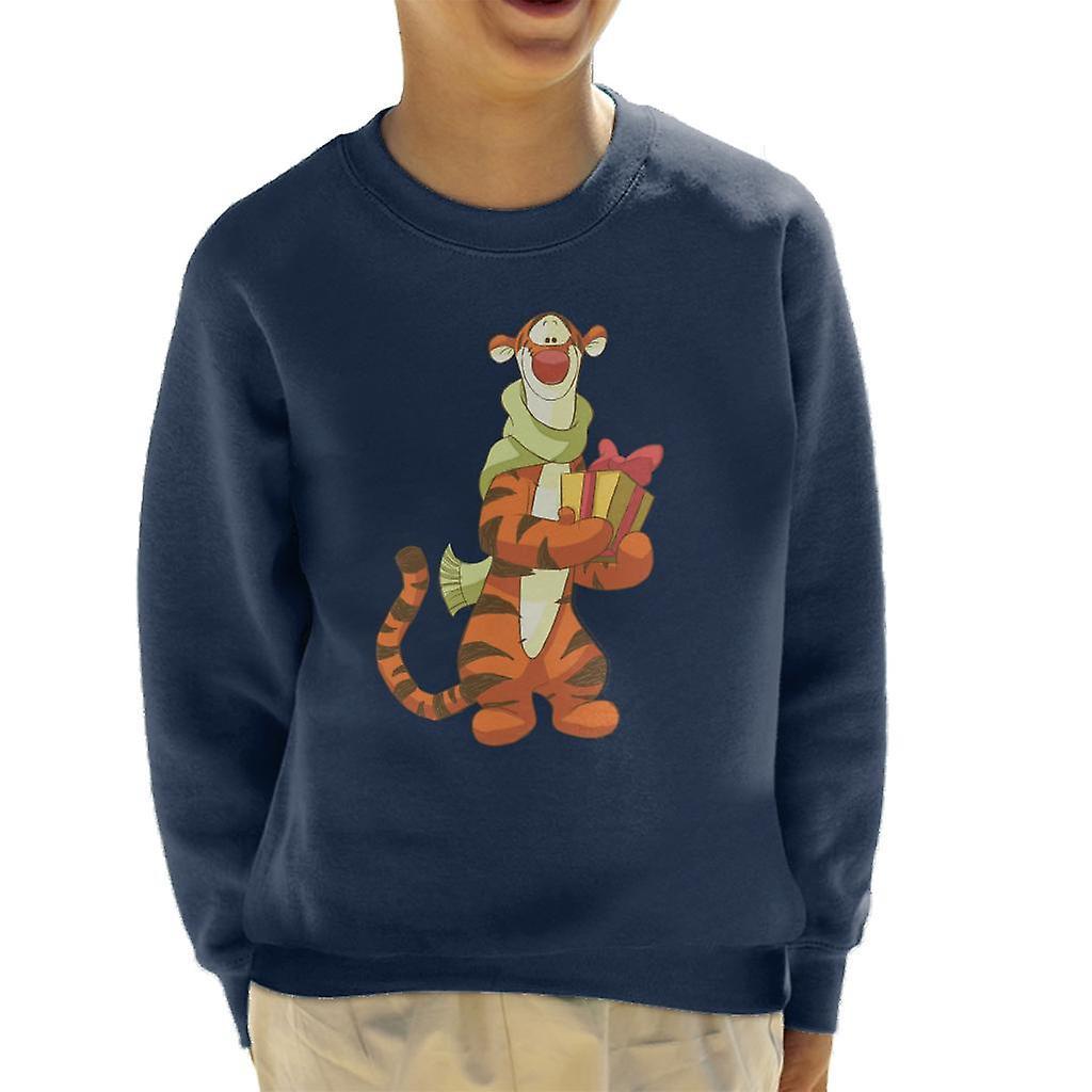 Disney Christmas Tigger Holding Present Kid's Sweatshirt Navy Blue Medium (7-8 yrs)