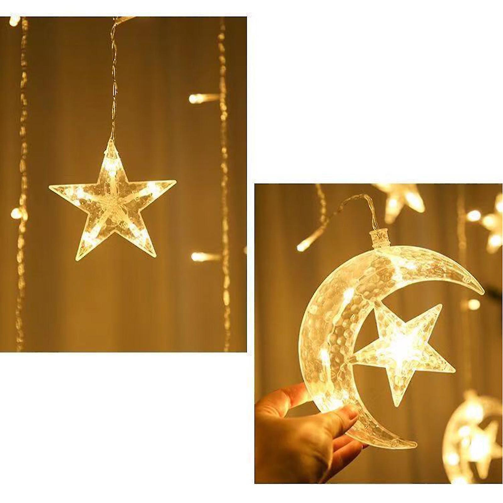 Tianzun Ramadan Fairy Lights, Star Moon Curtain Lights For Ramadan Decorations, Fairy Lights With Usb Or Battery Operated Warm White Light EU Plug