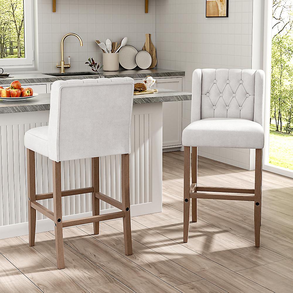 Living And Home Livingandhome Set of 2 Bar Stools Counter Height Seat Linen Tufted with Wood Legs Beige