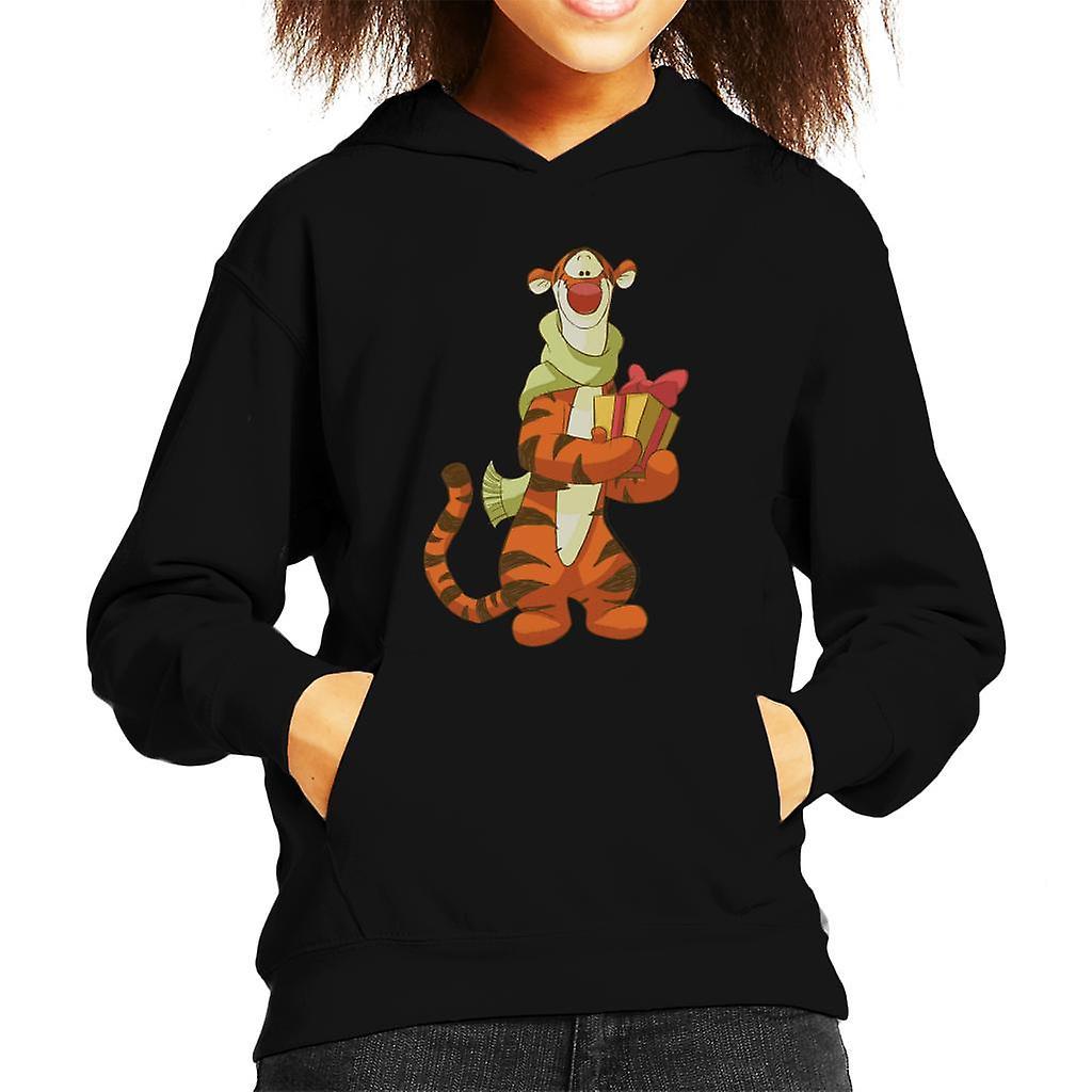 Disney Christmas Tigger Holding Present Kid's Hooded Sweatshirt Black Medium (7-8 yrs)