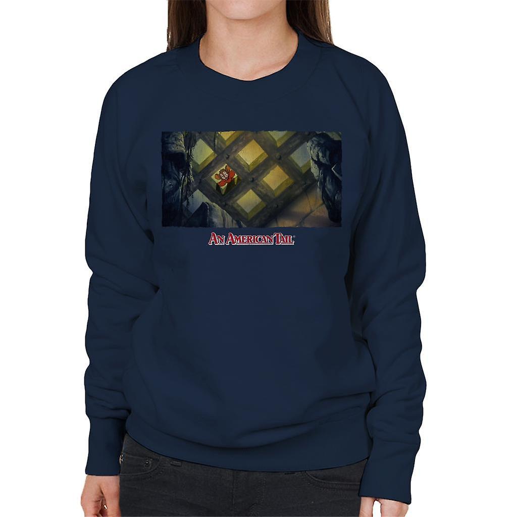 An American Tail Fieval Looking Down Distressed Women's Sweatshirt Navy Blue Medium