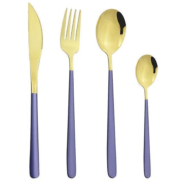 Slowmoose Cutlery Set - Knives, Fork, Spoons Flatware Stainless Steel Dinnerware Kit Purple Gold 6 Set