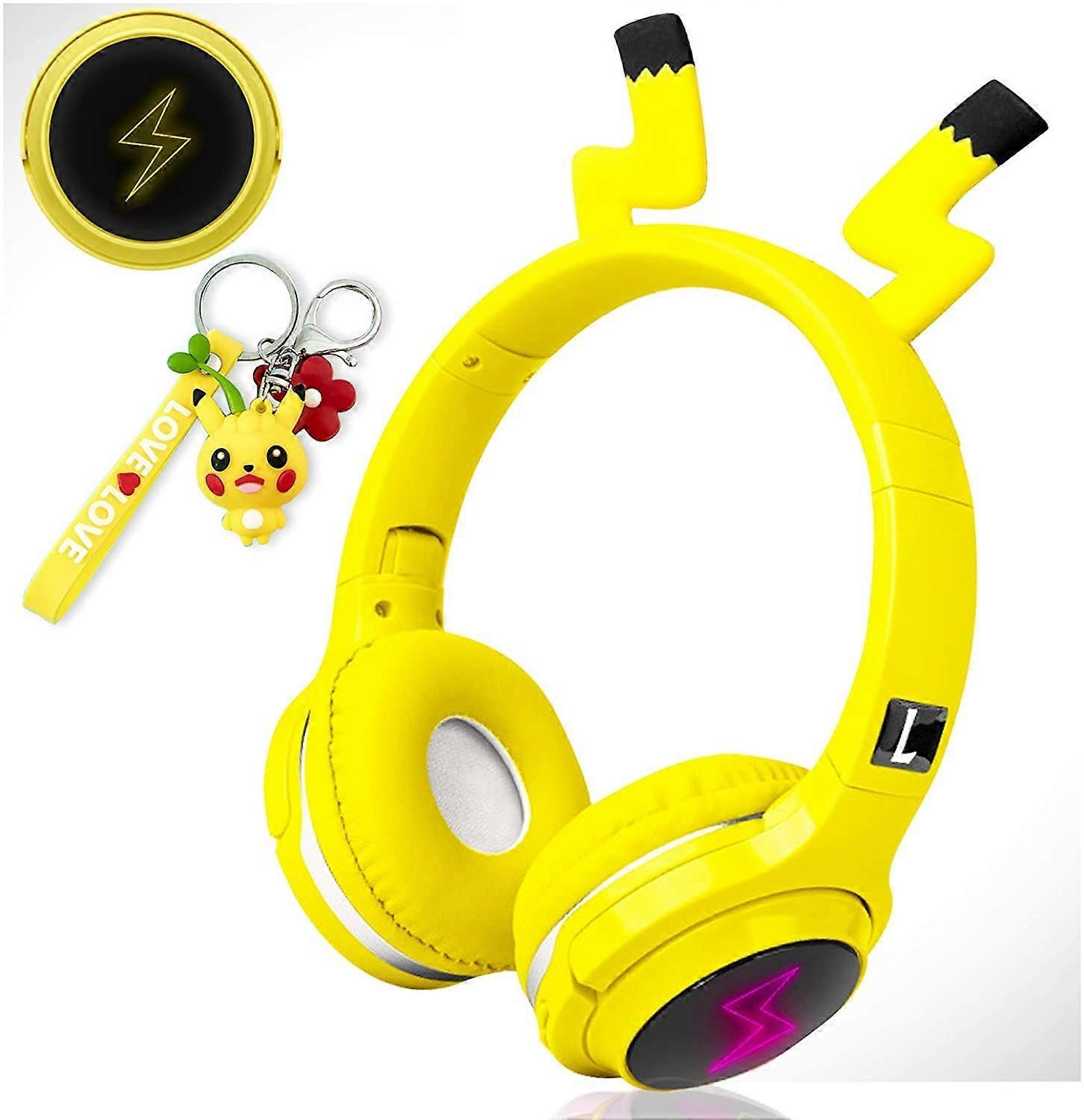 Heyone Children's headset game headset with microphone, LED light, foldable stereo $ Children's headset Bluetooth stereo headset - Pikachu Yellow