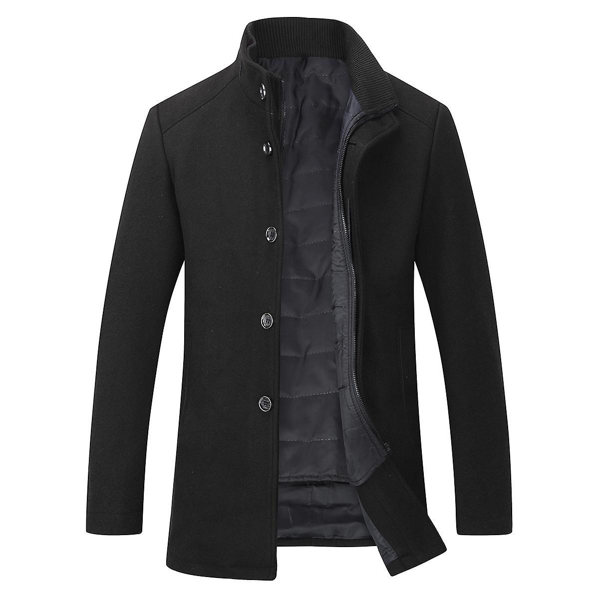 Allthemen Men's Stand Collar Slim Wool Coat With Detachable Waistcoat Black L