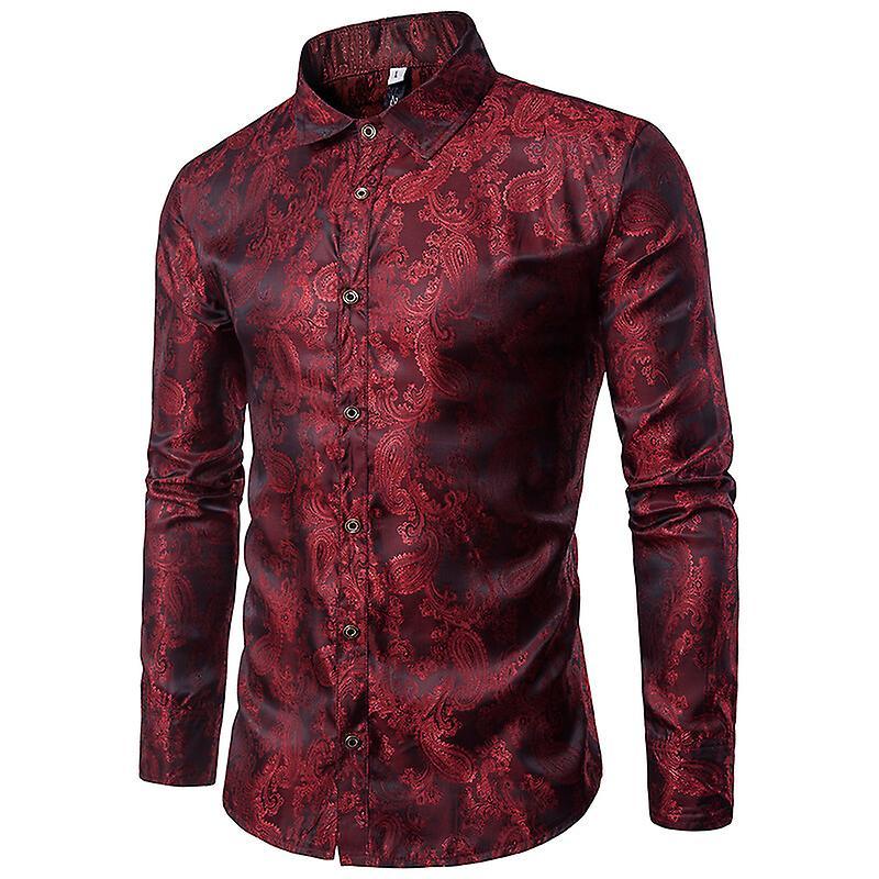 Youthup Mens Paisley Pattern Fitted Shirt Red XL