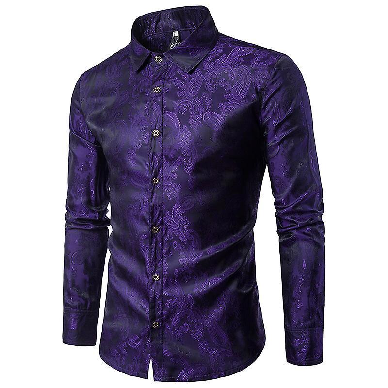 Youthup Mens Paisley Pattern Fitted Shirt Purple XL