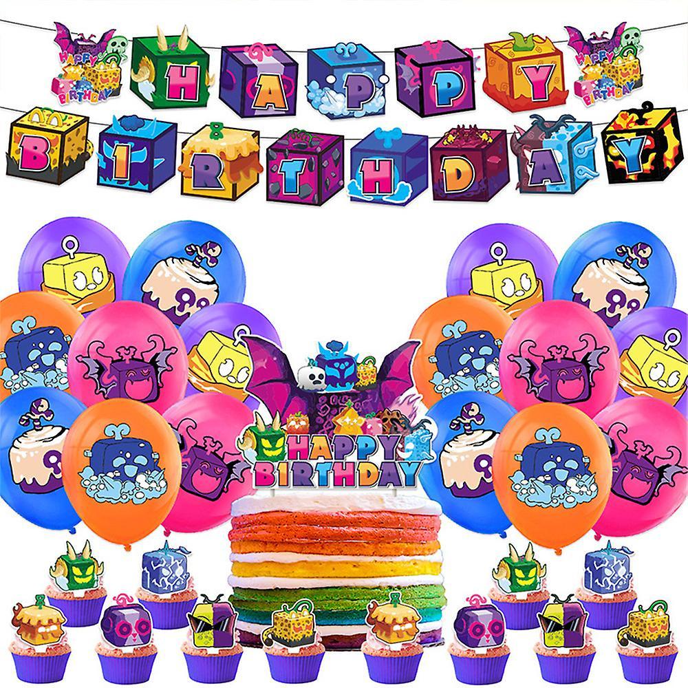 Eocici Blox Fruits Theme Party Supplies Decoration Banner Cupcake Toppers Balloons Set Props Gifts