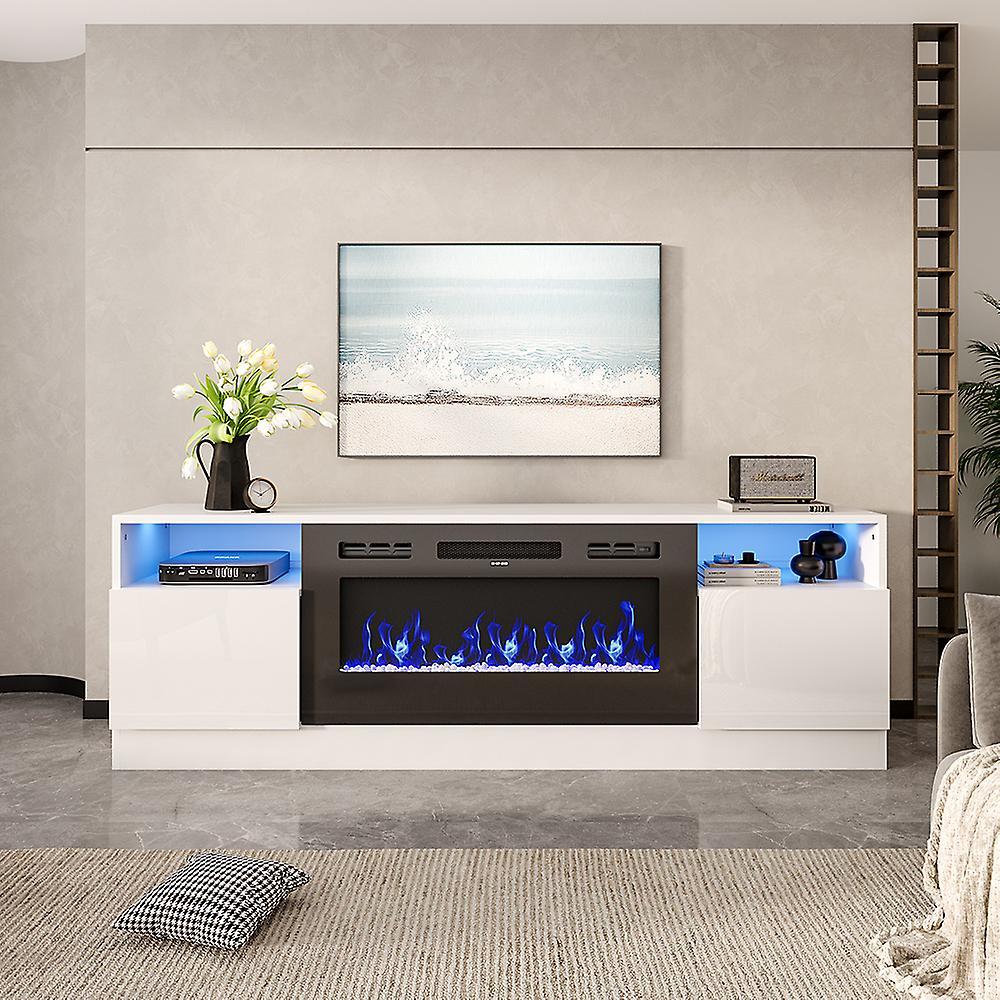 Living And Home Recessed Electric Fireplace TV Stand with Closed Storage,White