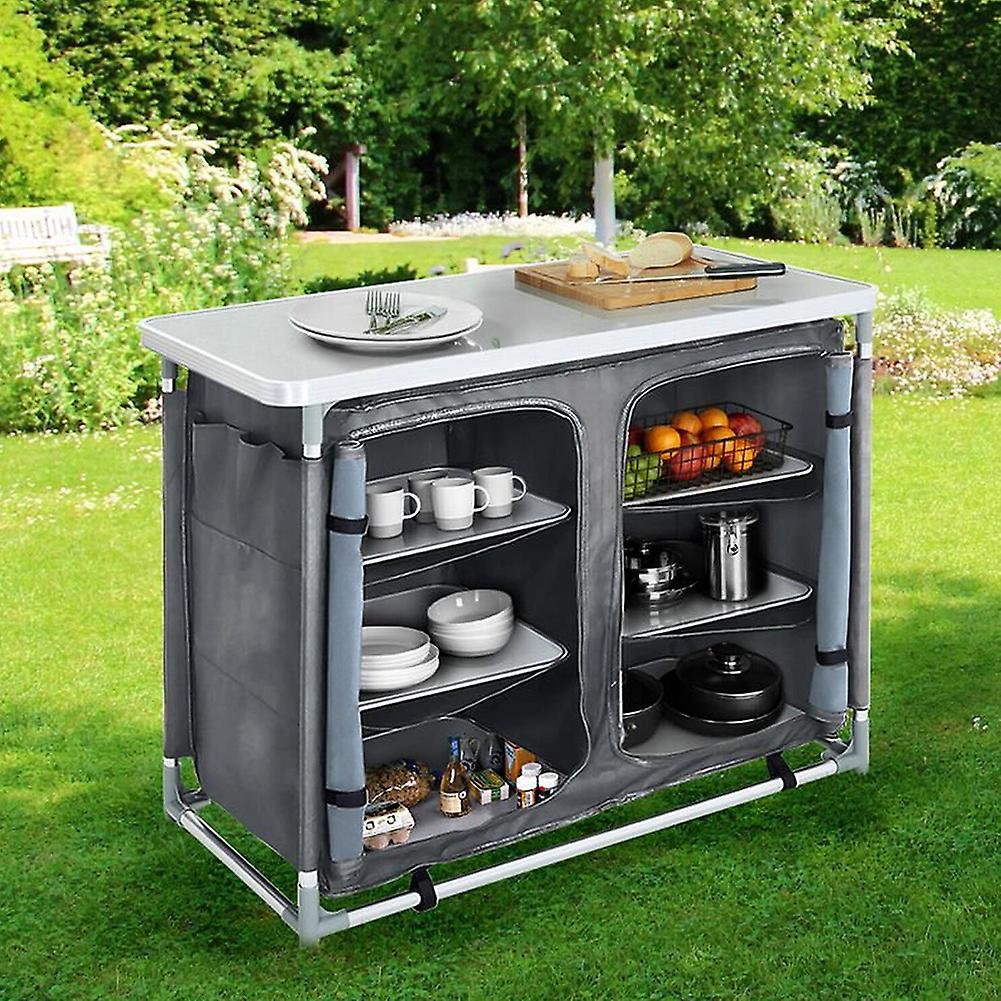 Living And Home Travel Camping Kitchen Table Storage Unit Foldable with 6 Shelves Grey