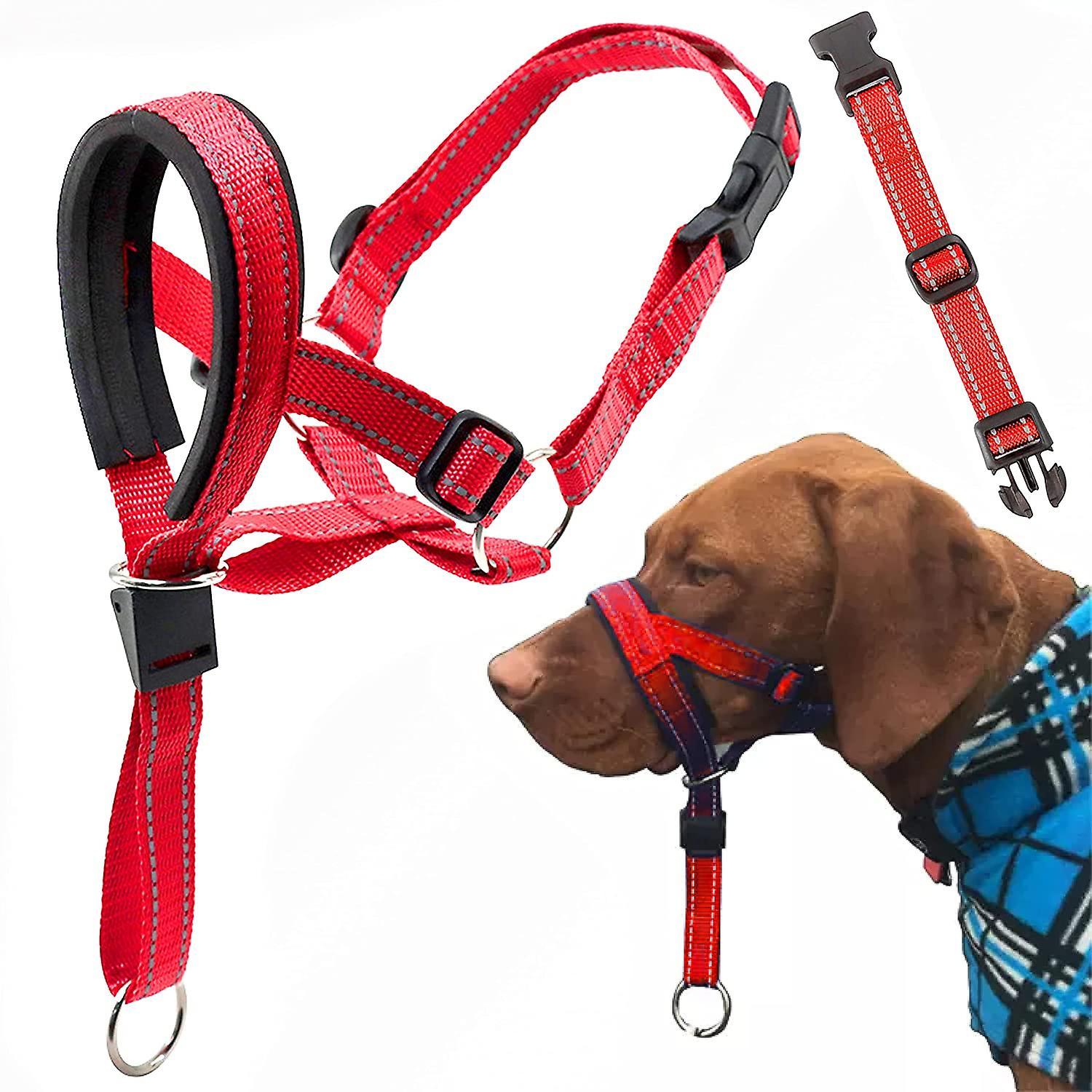 Wtowin Dog Head Halter With Safety Strap, Dog Head Collar With Reflective Strap, No-pull Dog Collar Adjustable Dog Harness Training Red M