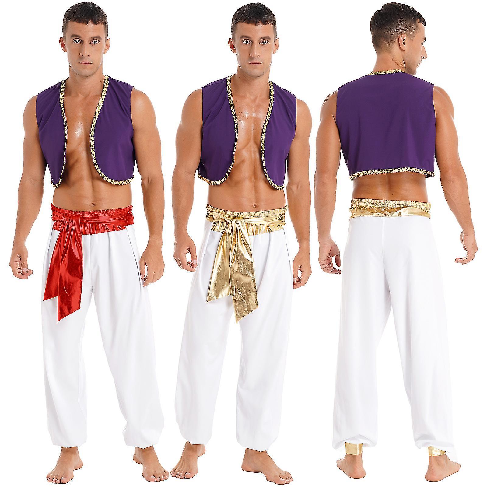 Snniv Mens Halloween Costume Mythical Prince Aladin Carnival Carnival Cosplay Party Outfit  Sequin Trim Waistcoat With Belted Pants Gold A M