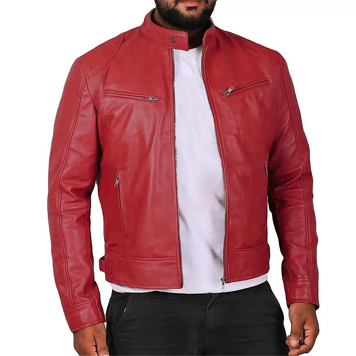 Sliktaa Mens Large Size Waterproof Leather Jacket Red L