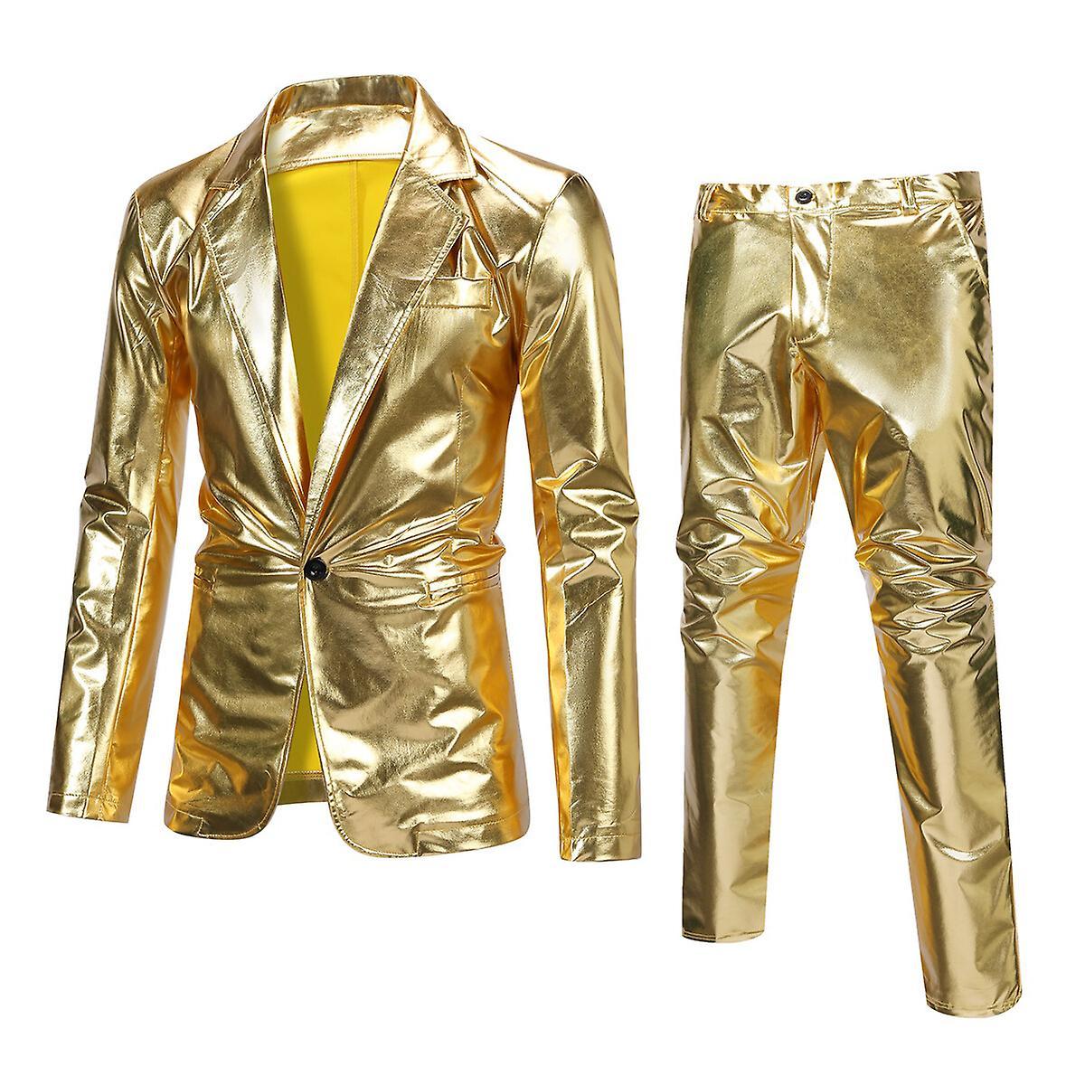 YOUTHUP Mens 2Pce Suit Glossy Shiny Tuxedo Waterproof Blazer and Pants Gold S