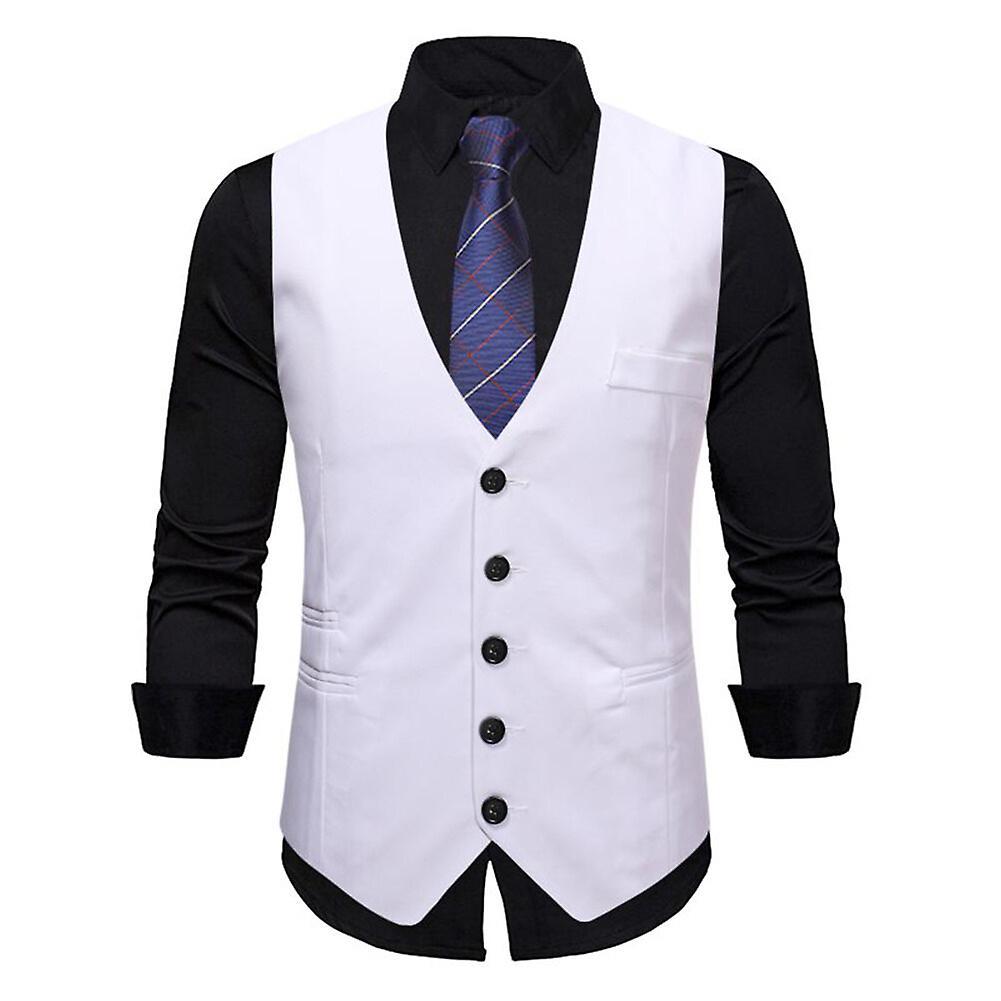 Allthemen Mens Business Formal Gentleman Solid Color V-neck Slim Vest White S