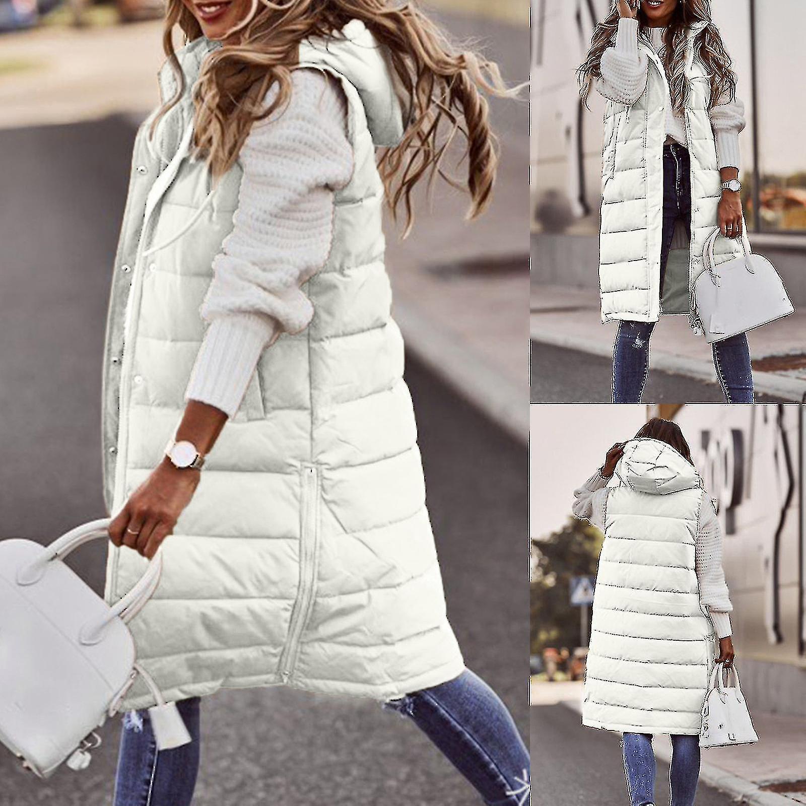 Unitoney Womens Hooded Quilted Zip Up Gilet Waistcoat Padded Winter Vest Long Bodywarmer White L