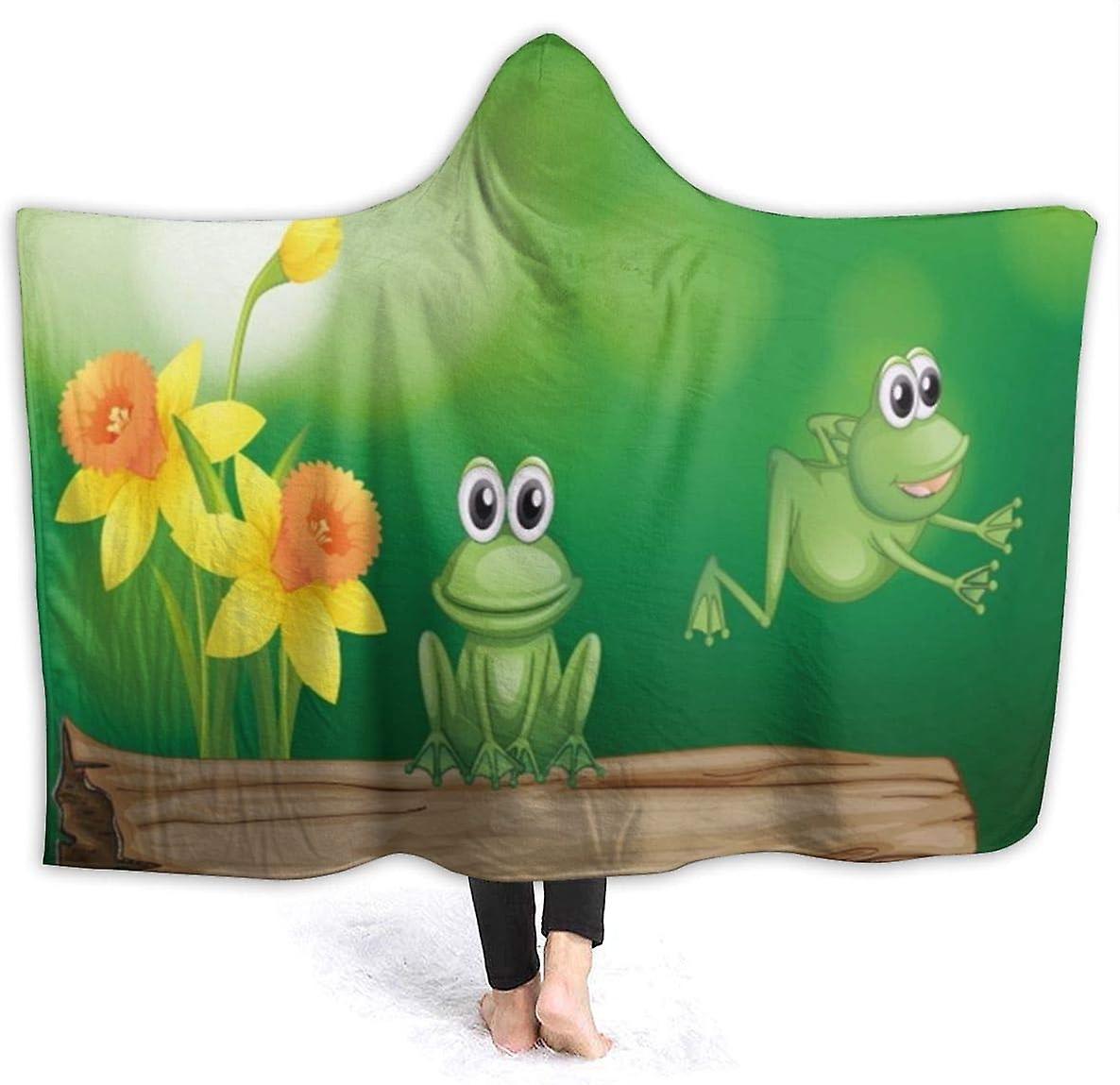 Kerota Flannel Hooded Blanket Two Green Frogs and Yellow Flowers Lightweight Cozy Bed Wearable Blanket Soft Throw Blanket 50x40in 125x100cm