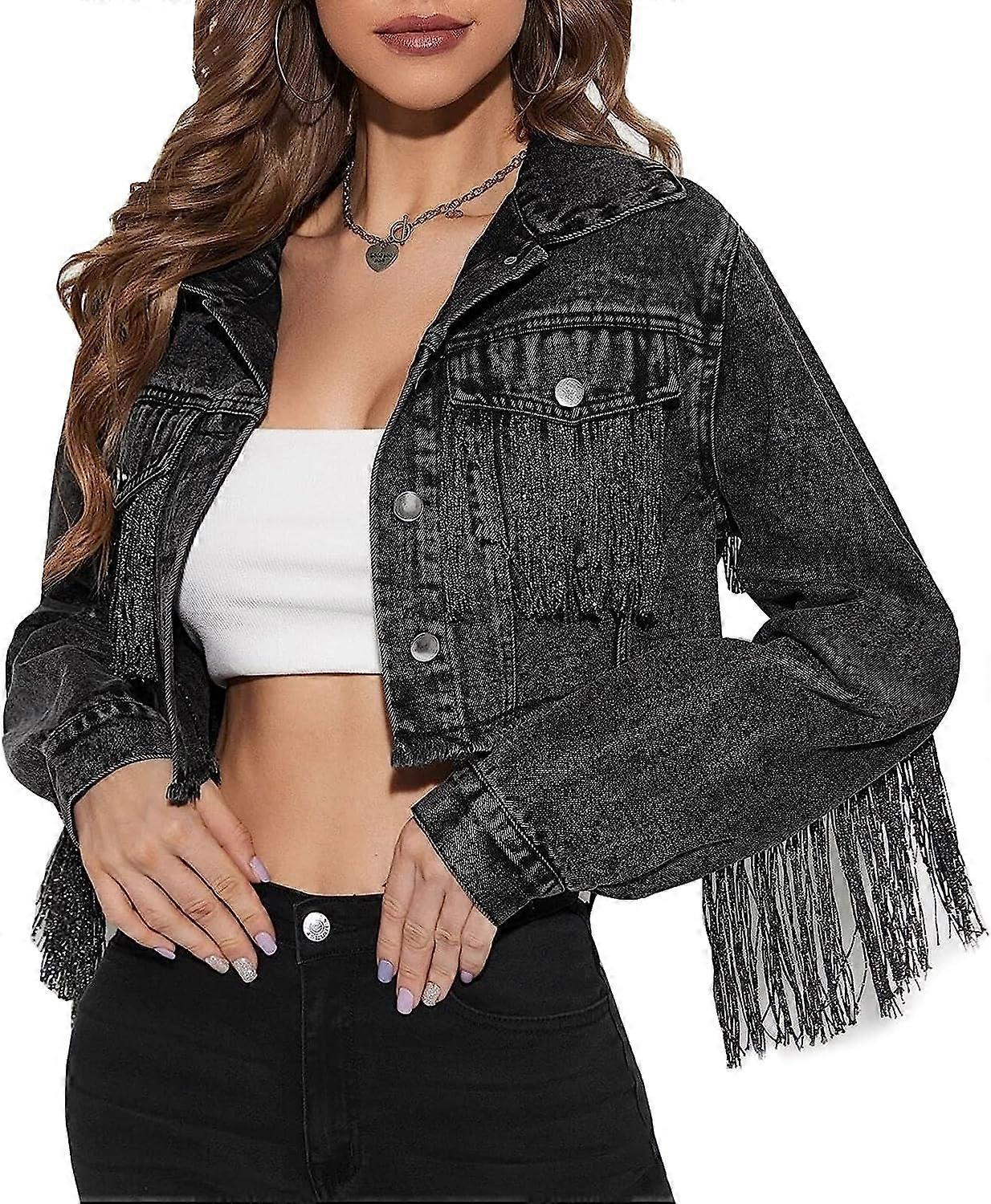 Morakot Women's Fringe Trim Denim Jacket Boyfriend Long Sleeve Oversized Fringe Jean Jacket Coats Black Large