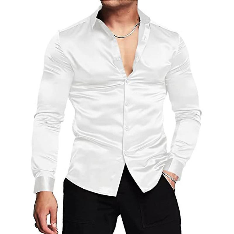 Mmcici Men's Luxury Shiny Silk Like Satin Button Up Dress Shirts White M