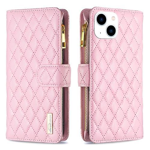 Mobile Case For Iphone 15 Diamond Lattice Zipper Wallet Leather Flip Mobile Phone Case Pink