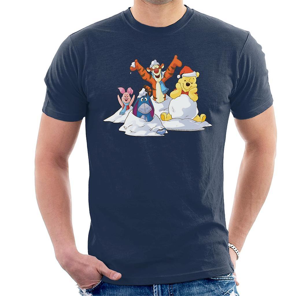 Disney Christmas Winnie The Pooh In The Snow With Friends Men's T-Shirt Navy Blue XX-Large