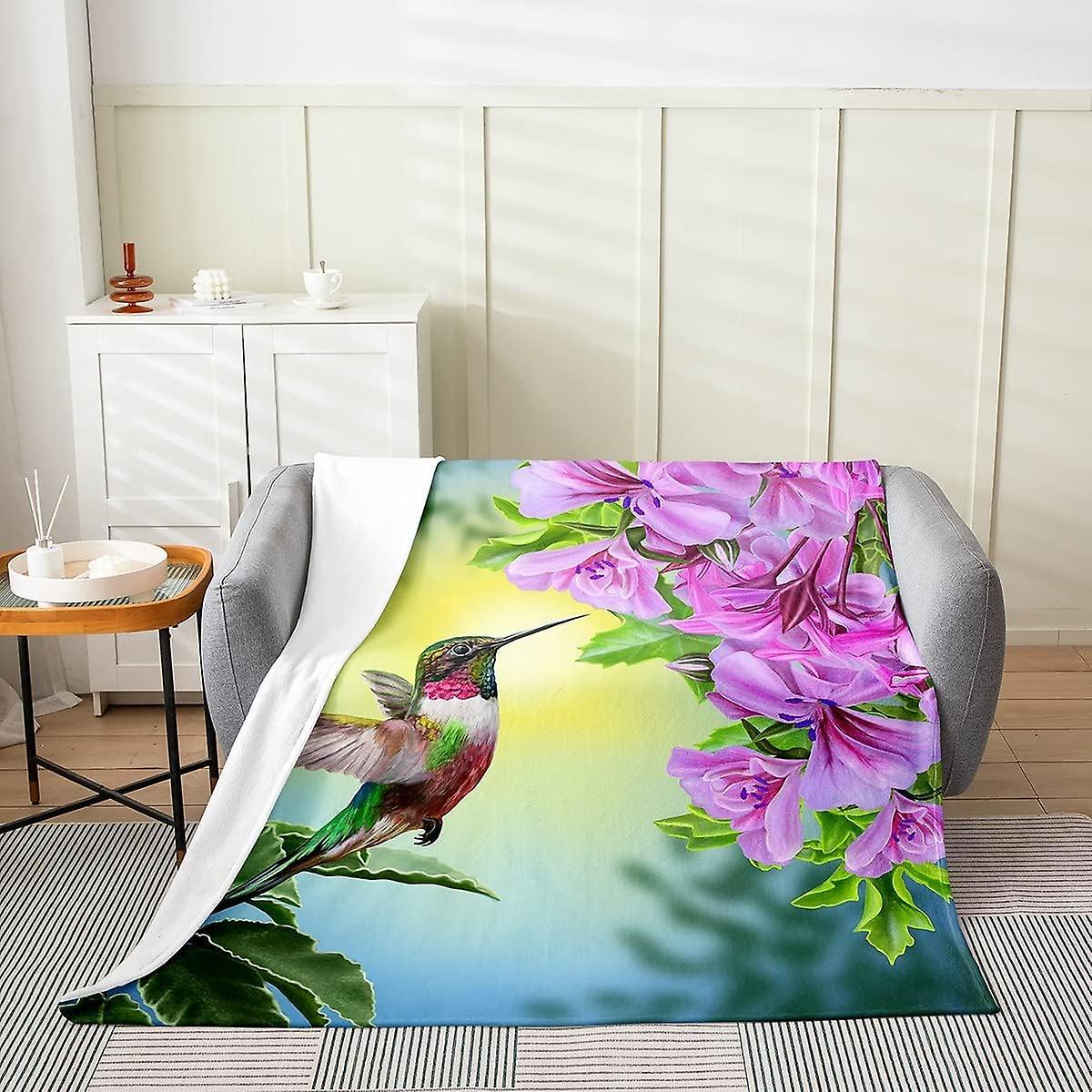 Kerota Hummingbird Plush Throw Blanket,Tropical Birds All Season,Bed Blanket Set for Kids Hummingbird Flowers Flannel Fleece Blanket Farmhouse Gard...