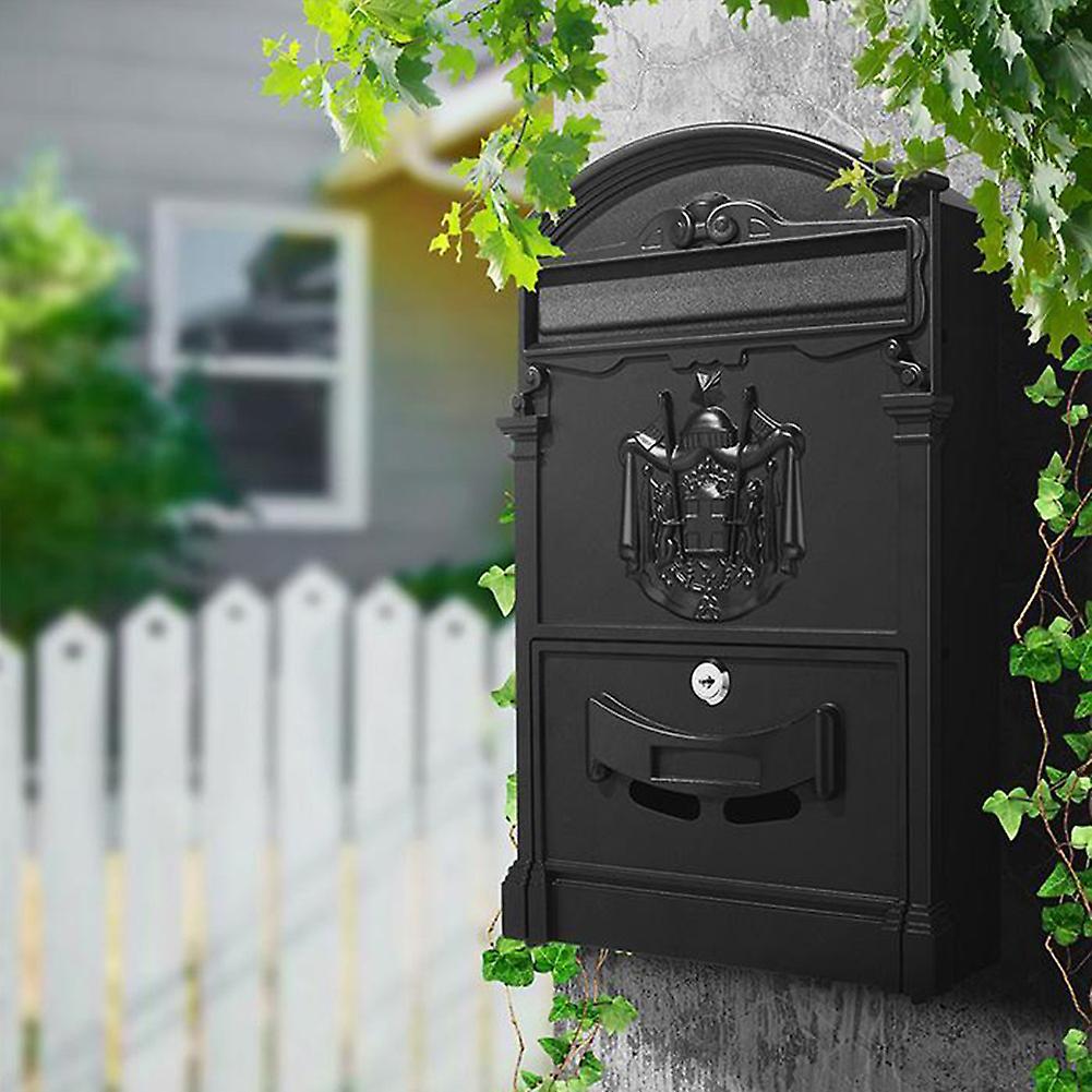 Living And Home Antique Letterbox Antique Style Lockable Aluminum Letter Box English-Style Wall-Mount Mailbox, with Roof, Black