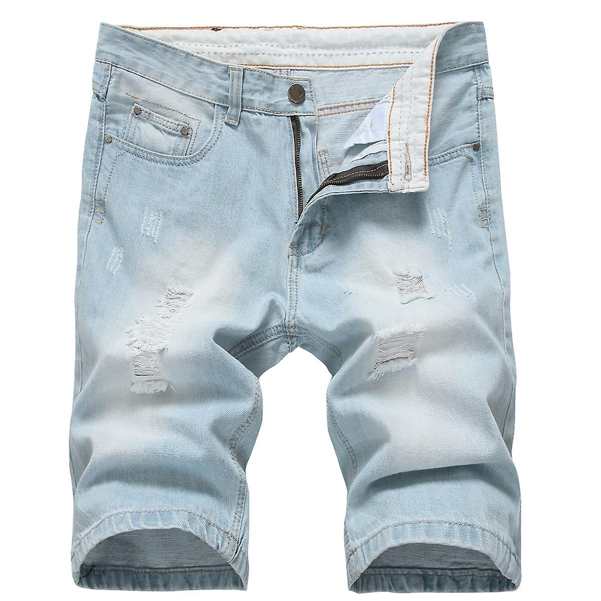 Allthemen Mens Summer Cotton Ripped Denim Shorts Blue White 34