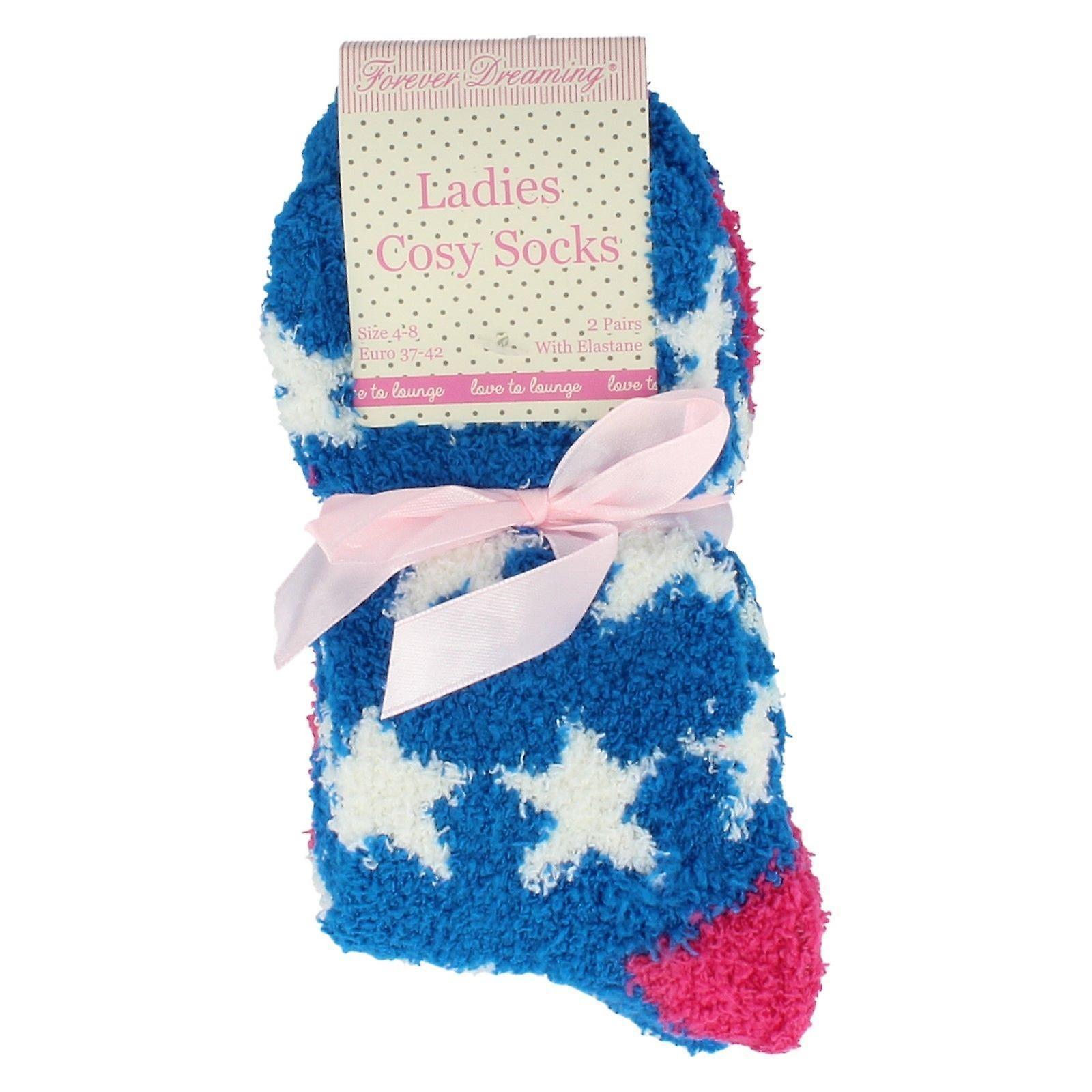 Forever Dreaming Ladies Cosy Lounge Socks 41b399 Blue/Pink/Stars UK 4-8