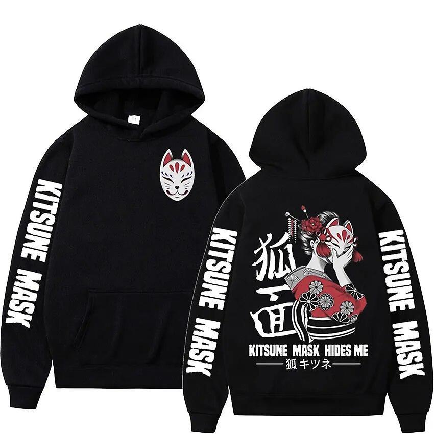 Cciyu Japanese Anime Kitsune Fox Mask Double Sided Graphic Hoodie Men Women Fashion Oversized Hoodies Sweatshirt Pullover Streetwear Black XXL