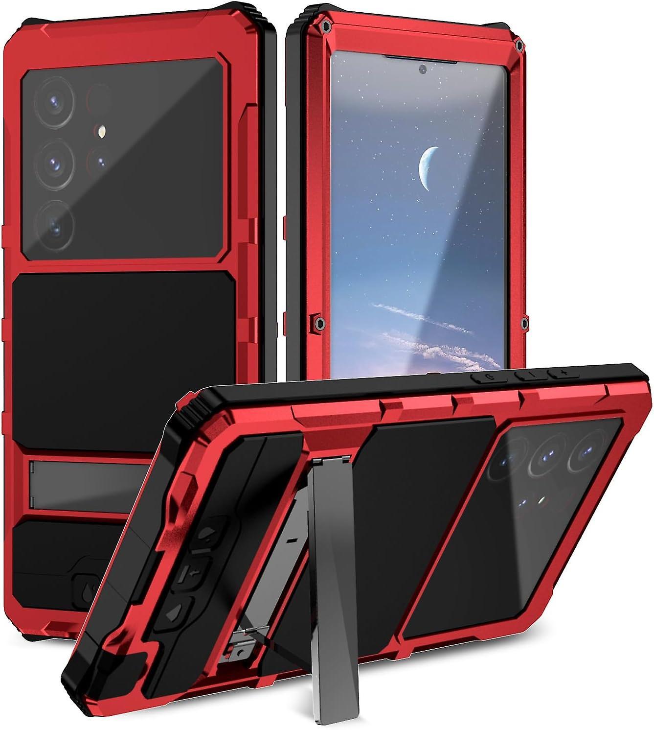 Lelinker Heavy Duty Metal Military Grade Phone Case for Samsung Galaxy S24 Ultra Built-in Screen Lens Protection black-red