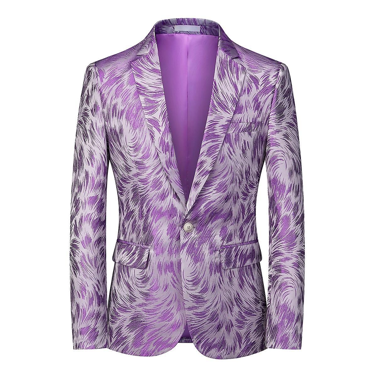 YOUTHUP Mens Embroidery Floral Blazer Slim Fit 1 Button Formal Dress Suit Jacket Purple L